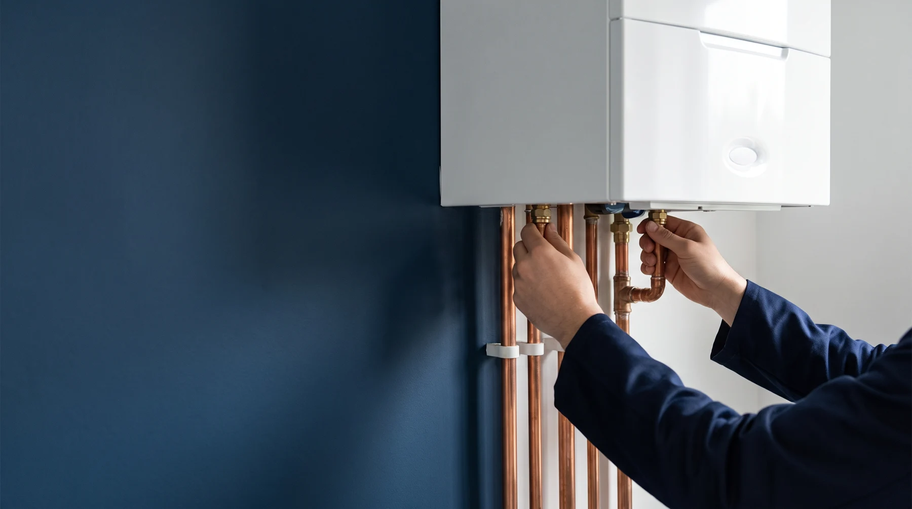 Illustrative photo of hands inspecting copper pipework beneath a modern white boiler